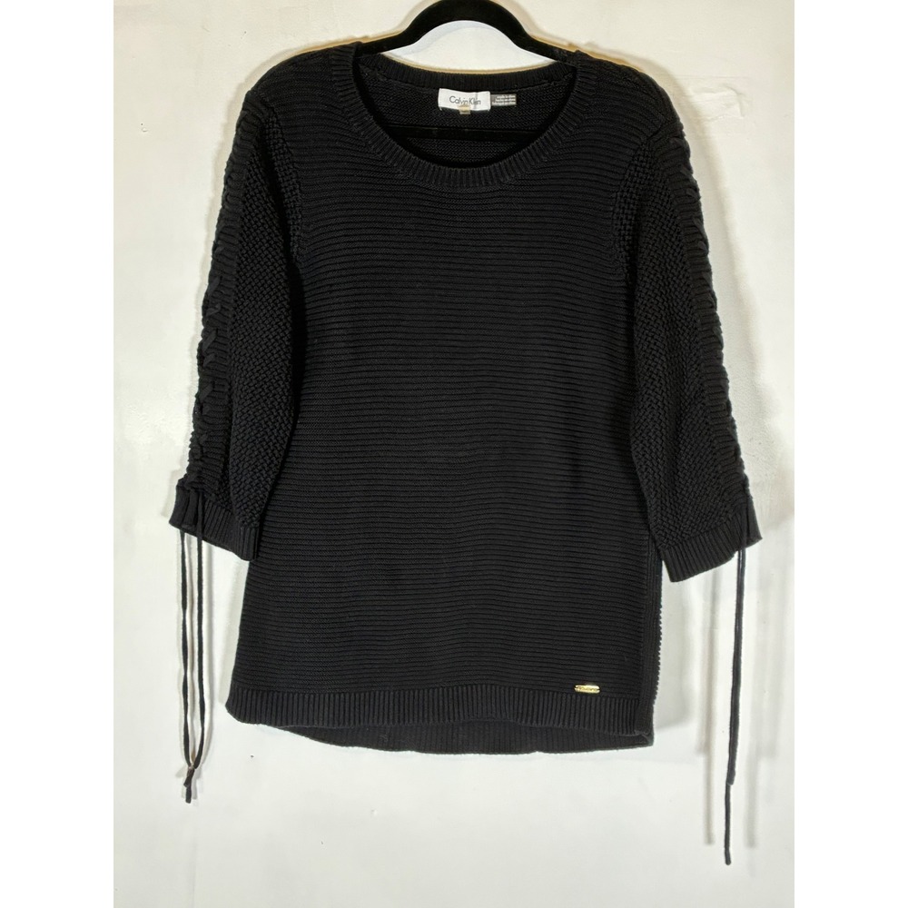Calvin Klein M Black Ribbed Cotton Sweater Lace Up 3/4 Sleeve Casual Minimalist